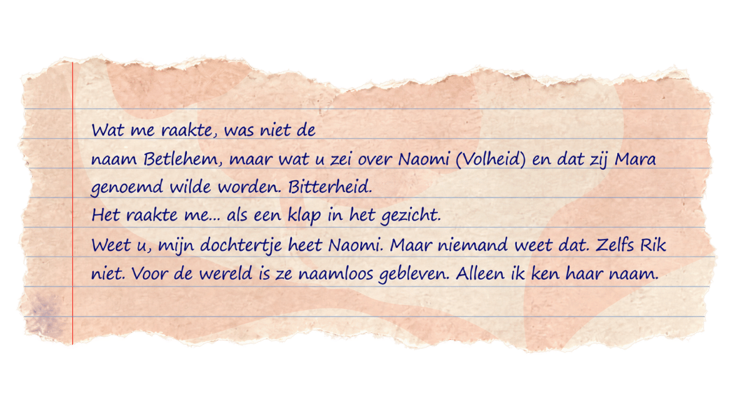 Fragment uit een brief van Miriam: Wat me raakte, was niet de naam Betlehem, maar wat u zei over Naomi.
