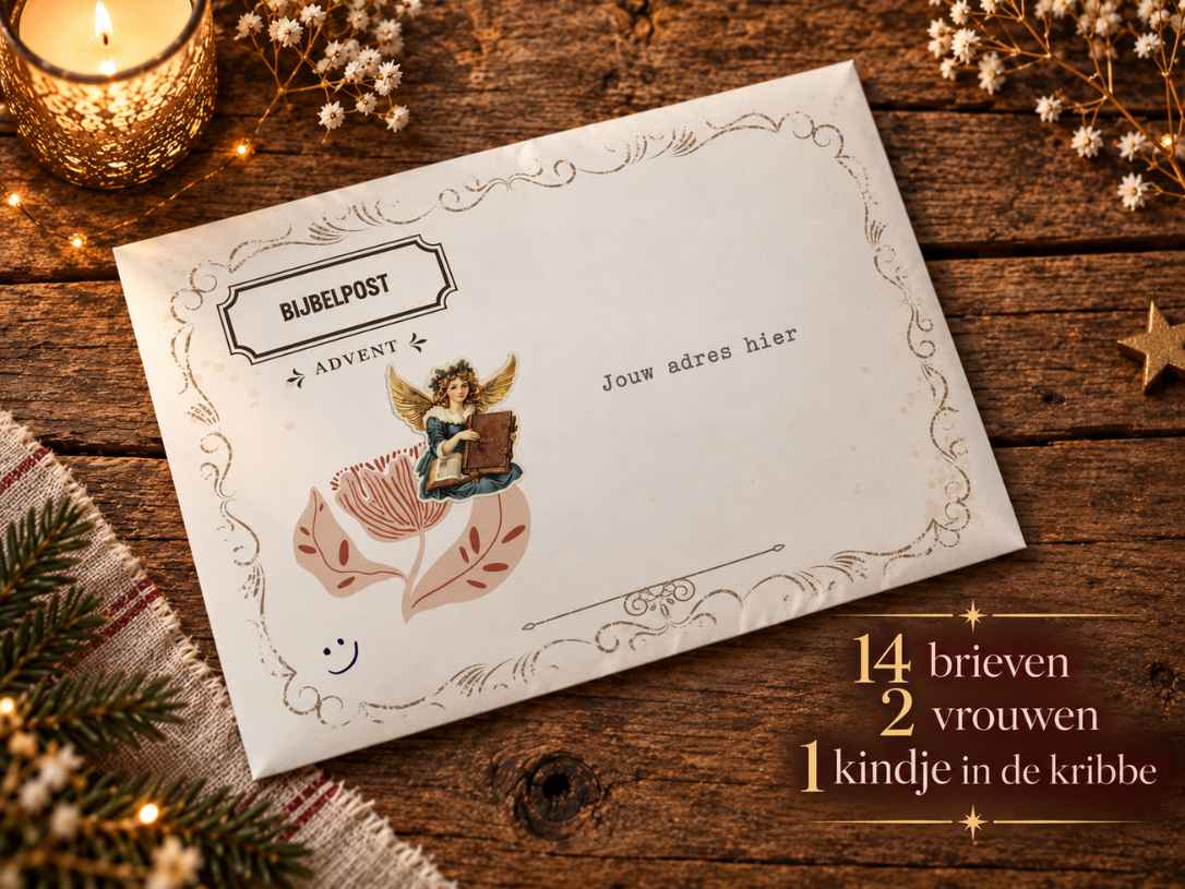 Envelop van Bijbelpost met de tekst: 14 brieven, 2 vrouwen, 1 kindje in de kribbe.